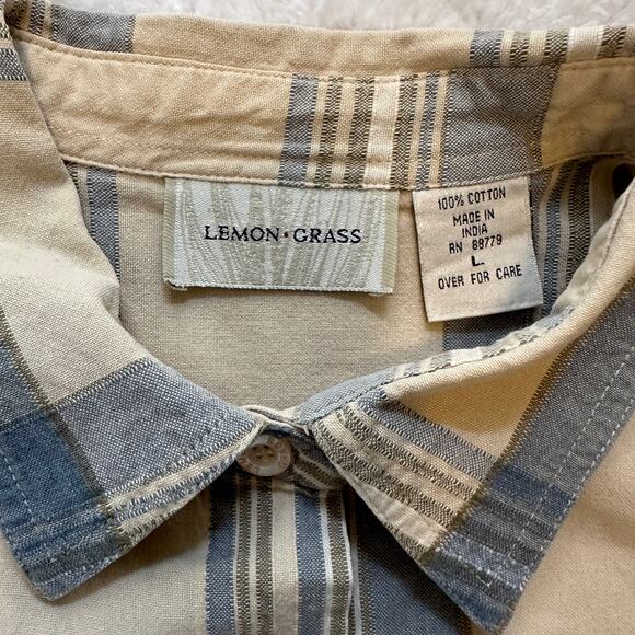 Lemon Grass Beige Blue Plaid 100% Cotton Shirt Size L Retro Grunge Western - Picture 3 of 6
